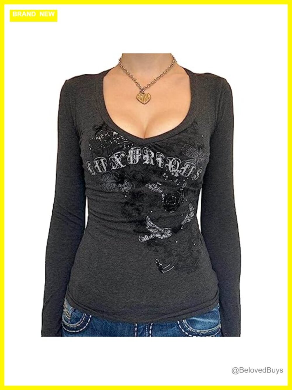 Women's Y2K Grunge Long Sleeve Crew Neck Graphic T-Shirt Slim Fit Fall Top